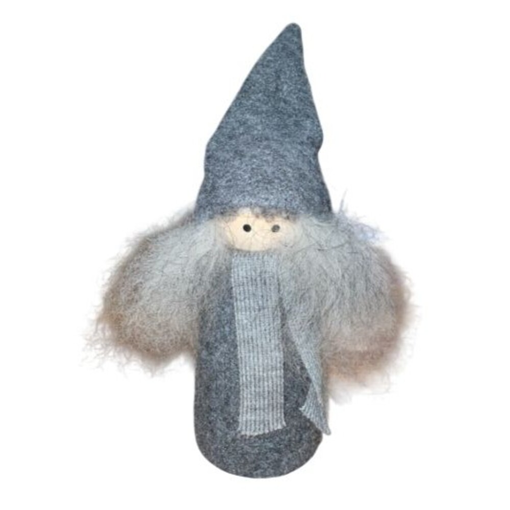 VTG Scandinavian Style Wooden Gnome Tomte Nisse Felted Wool Fur Gray Christmas